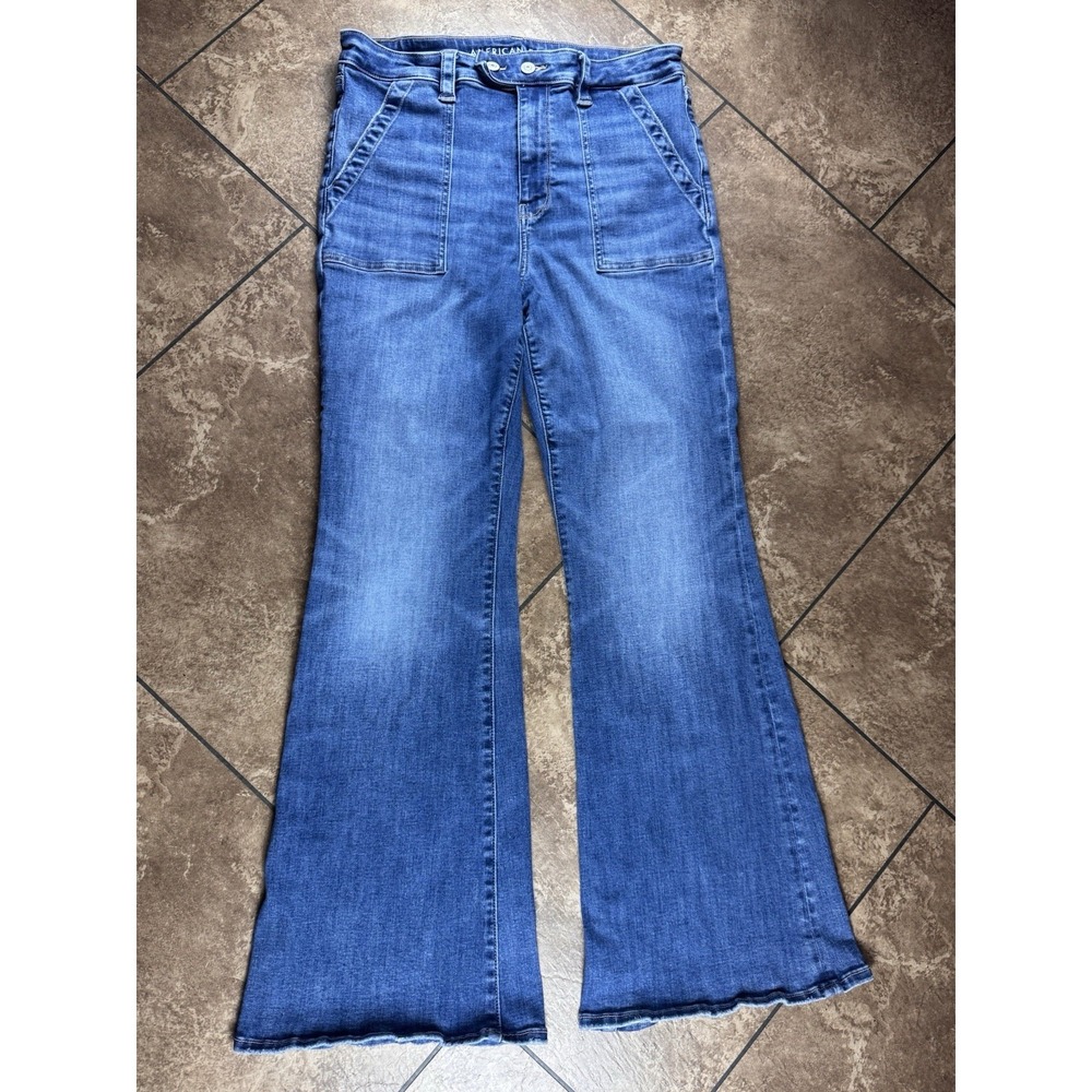 American Eagle Womens High Rise Flare Jeans Medium Wash Blue Denim Size 14
